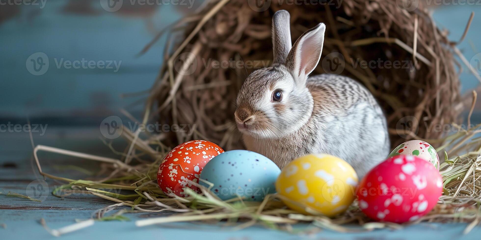 ai generato Pasqua coniglietto con colorato uova. Pasqua simbolo foto