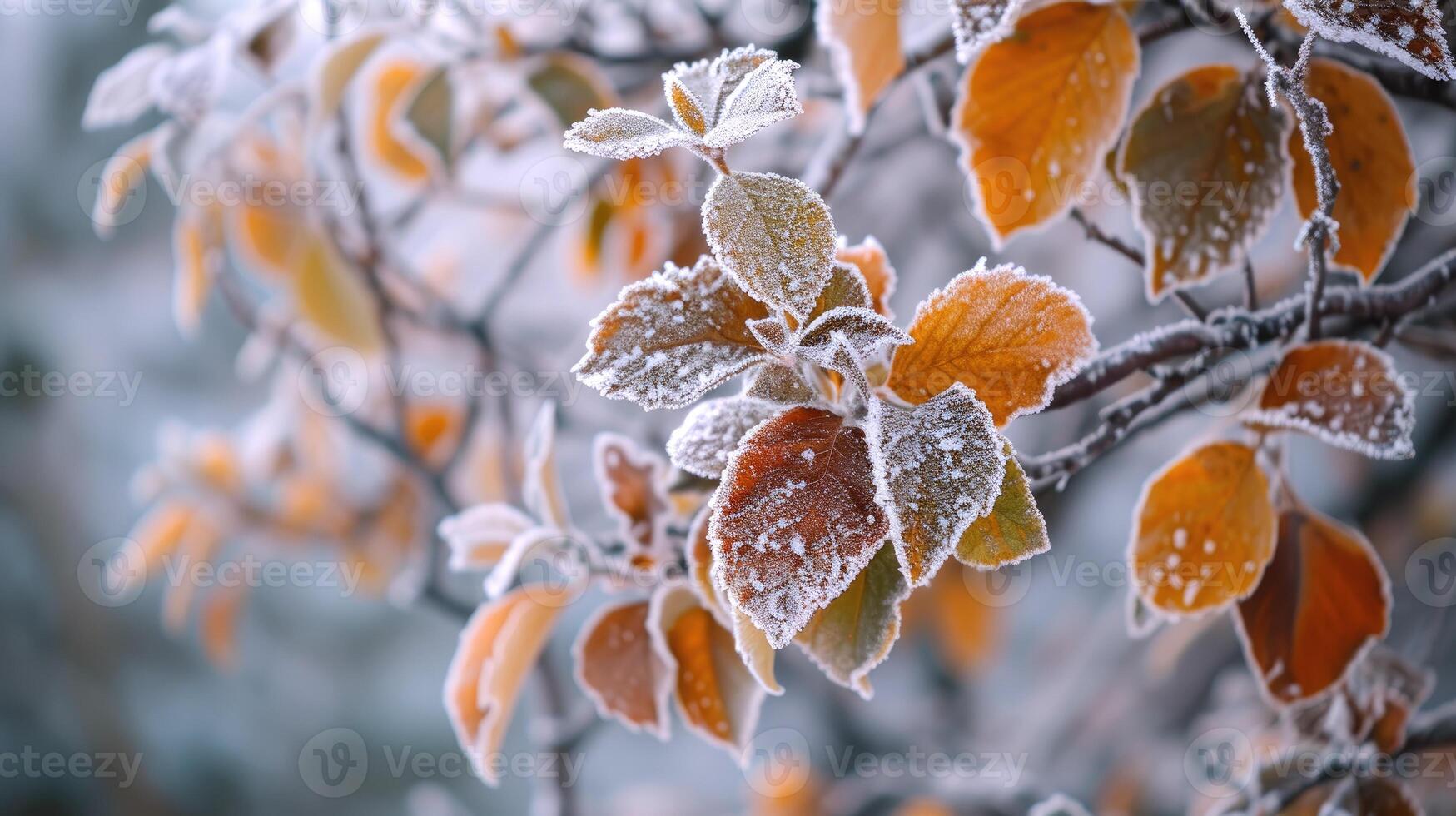 ai generato d'inverno toccare adorna albero le foglie nel brina, un' delicato ghiacciato eleganza emerge, ai generato. foto