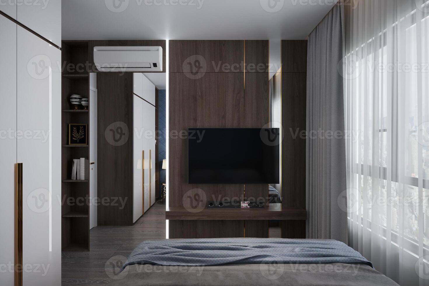 creare un' elegante e contemporaneo Camera da letto insieme a, un' panoramico finestra. foto