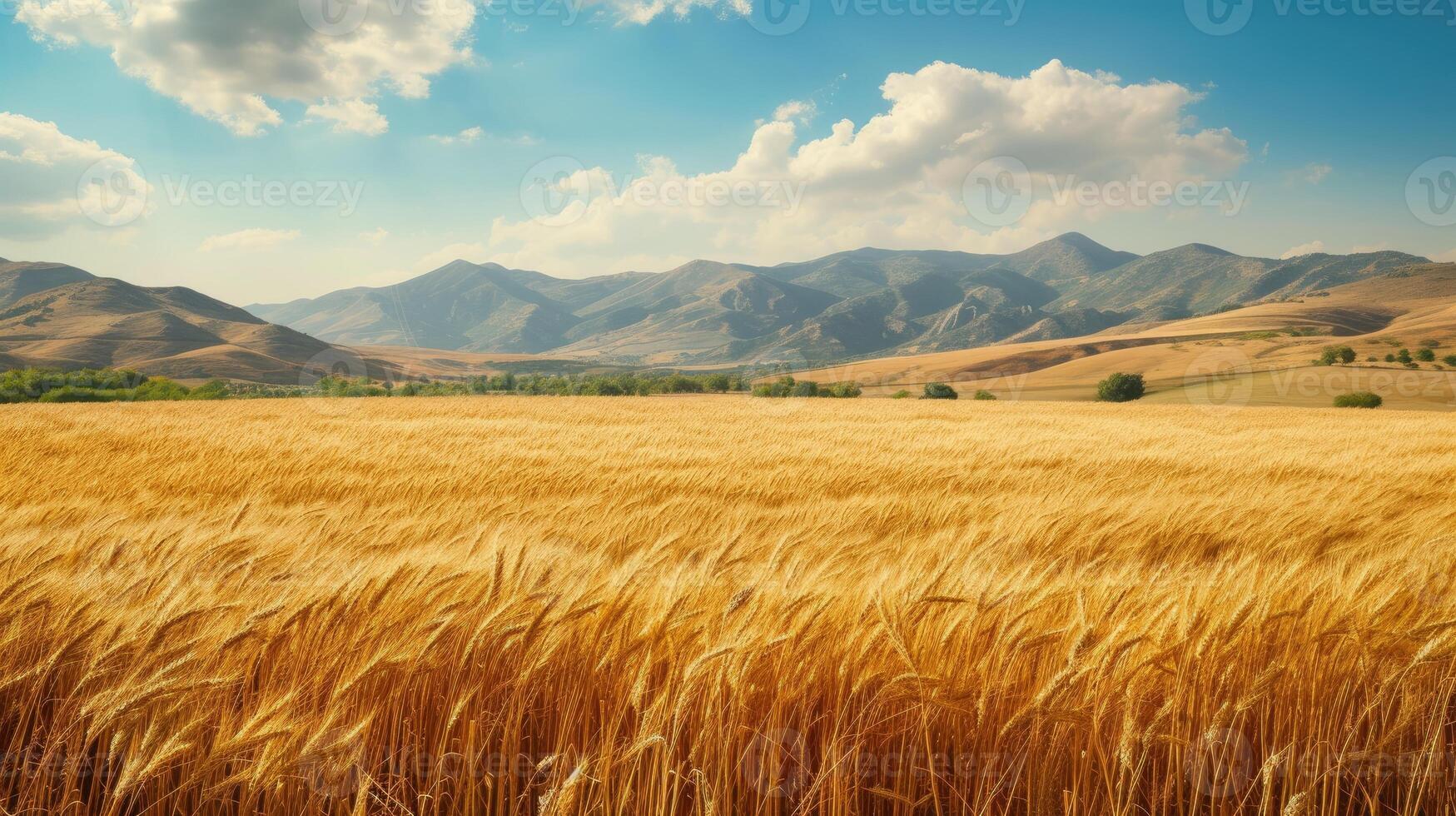 ai generato infinito i campi di maturo Grano con montagne nel il sfondo, un' panoramico rurale paesaggio. ai generato. foto