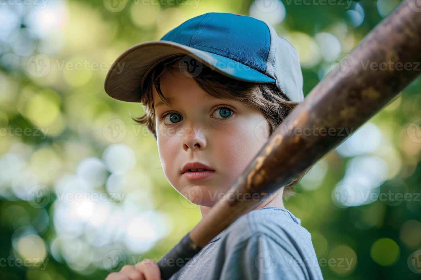 ai generato vicino su bambino indossare baseball berretto e Tenere baseball pipistrello nel parco, un' ragazzo giocando baseball all'aperto foto