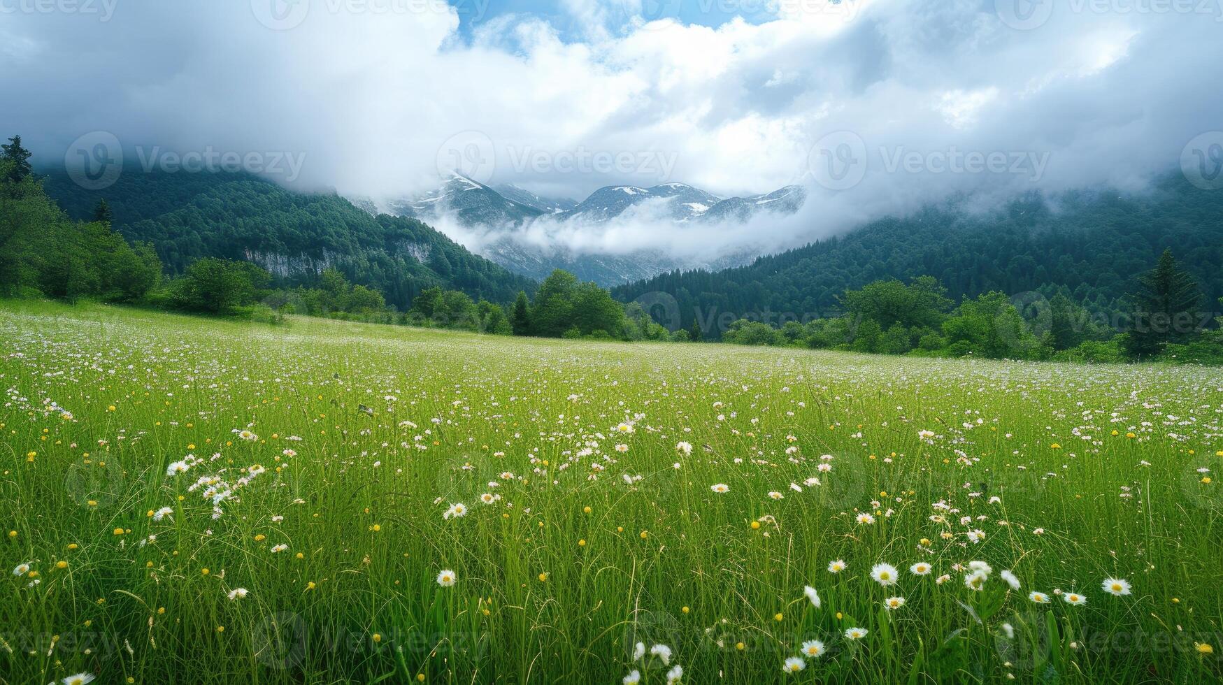 ai generato espansivo paesaggio con lussureggiante, erboso prati. serenità nel della natura abbraccio, ai generato. foto