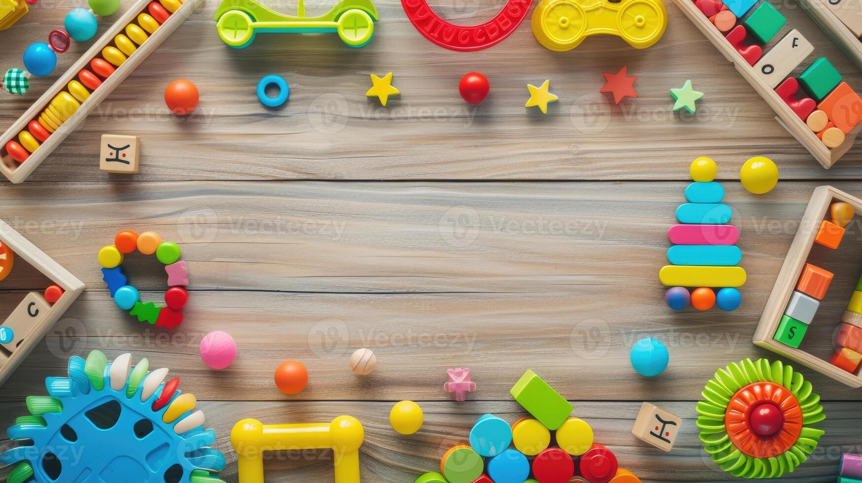 ai generato adorabile telaio di bambino e bambini' giocattoli impostato contro un' giocoso sfondo, ai generato. foto
