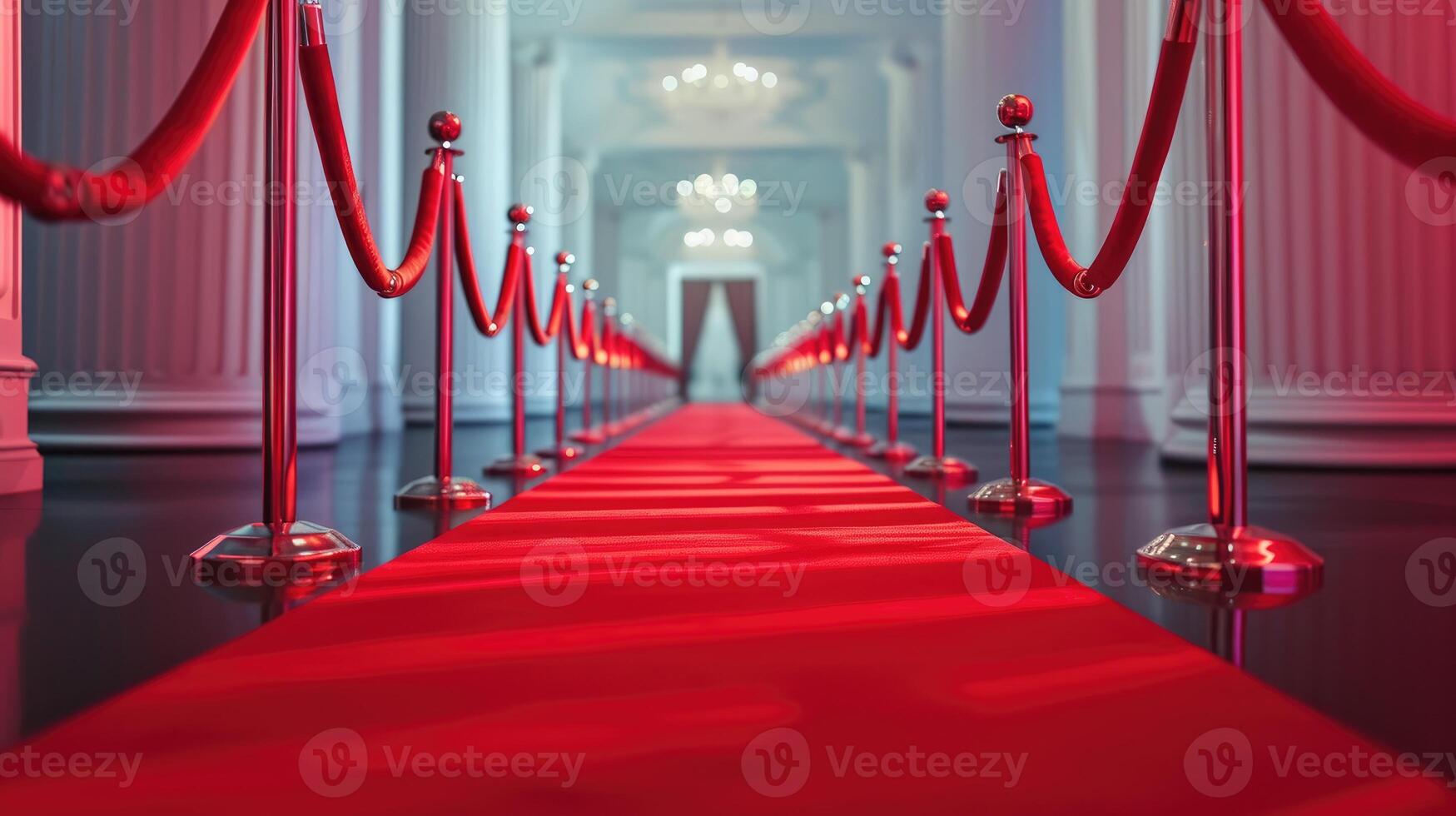 ai generato lussuoso rosso tappeto corridoio con elegante barriere e corde per vip eventi, ai generato. foto