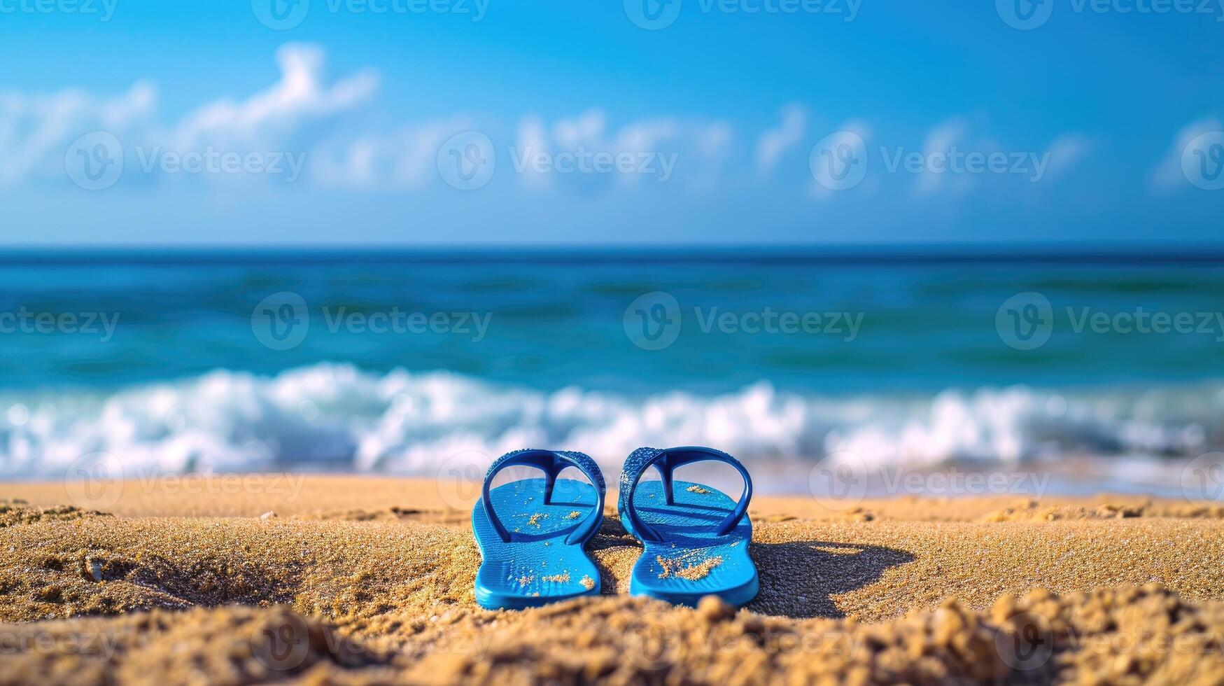 ai generato un' paio di infradito sta nel il sabbia a il spiaggia, con il vasto oceano la creazione di un' sereno sfondo. ai generato foto