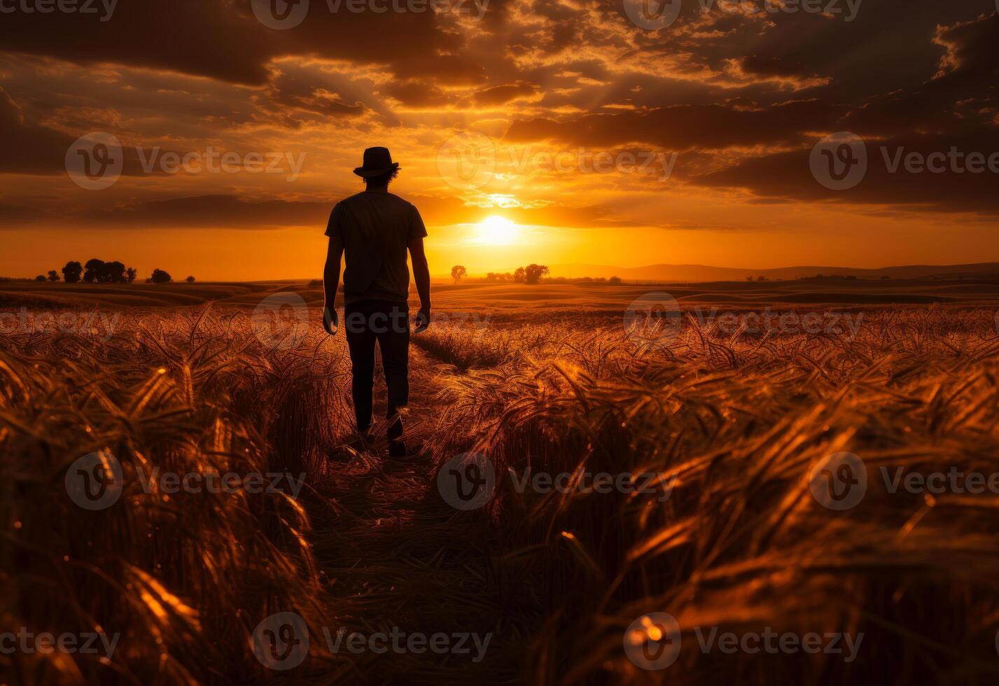 ai generato un' uomo in esecuzione giù un' campo. un' uomo sta nel un' campo come il sole imposta, getto un' caldo splendore attraverso il paesaggio. foto