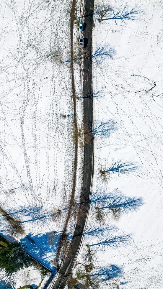 inverno strada attraverso nevoso foresta, aereo Visualizza nel arrogante, nord yorkshire. foto