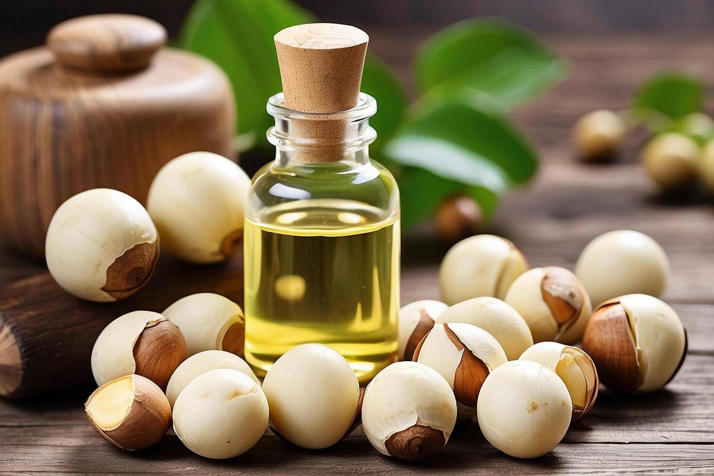 ai generato cosmetico macadamia olio su un' di legno sfondo foto