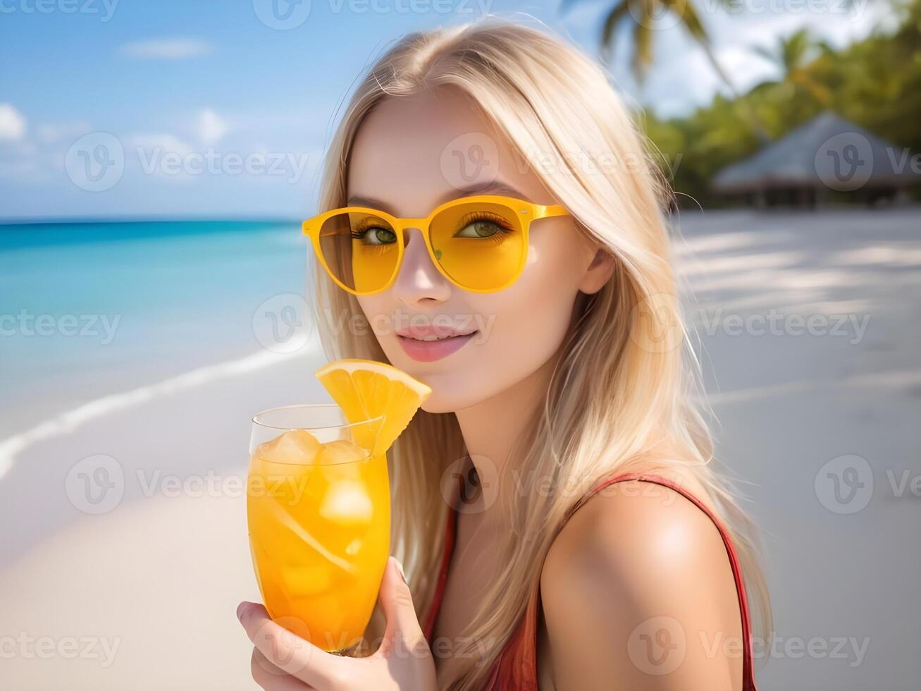 ai generato contento donna con occhiali da sole e un' bicchiere di arancia succo su tropico spiaggia. foto