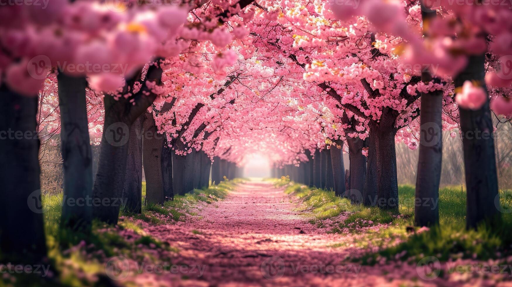 ai generato un' pittoresco vicolo ornato con ciliegia fiori, cattura il incantevole bellezza di primavera. ai generato. foto