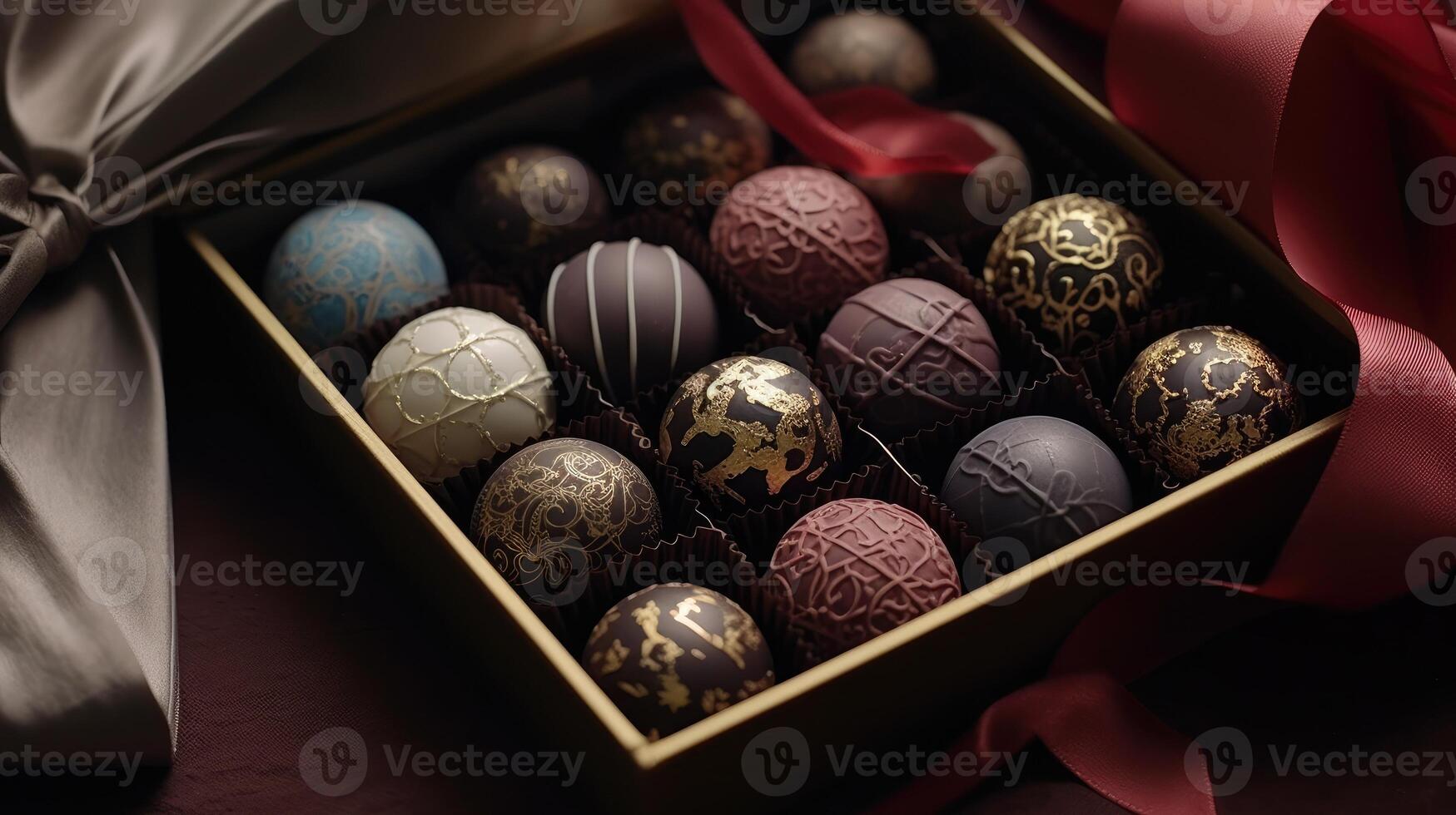 ai generato elegante cioccolato Bon Bons, varia ripieni, squisito decorazioni. puro indulgenza, ai generato. foto