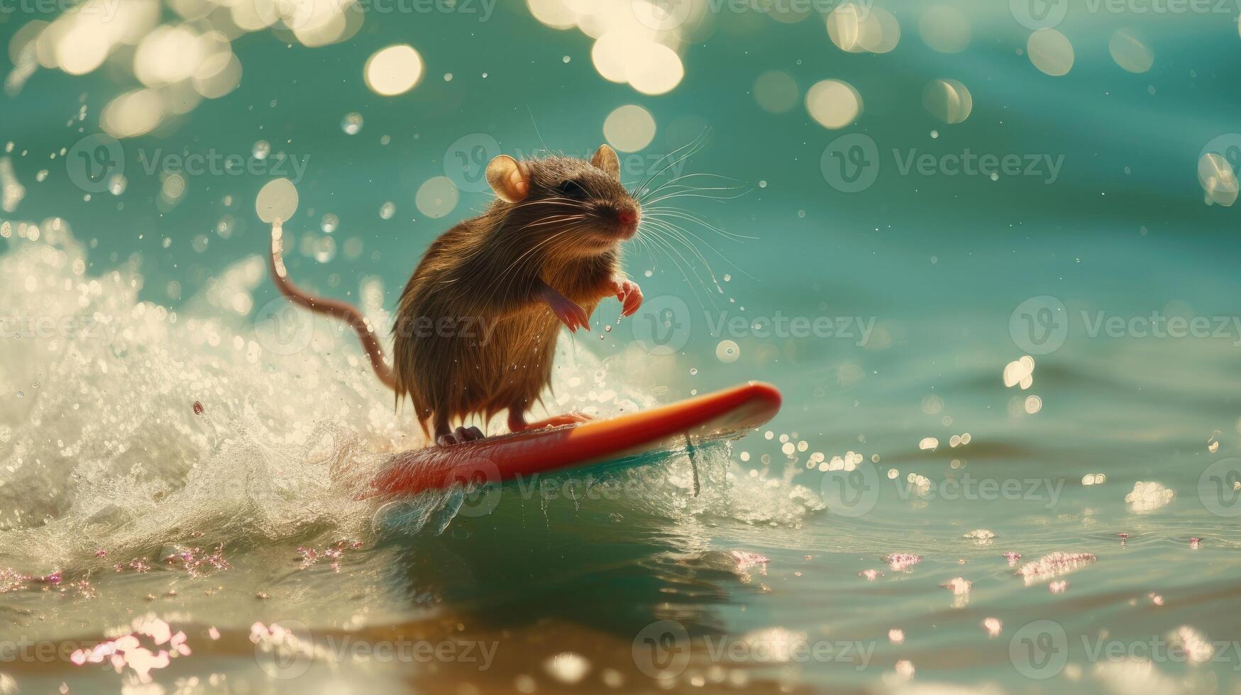 ai generato un' carino ratto surfer gode un' pieno di divertimento estate giorno a il spiaggia, equitazione onde con entusiasmo, ai generato. foto