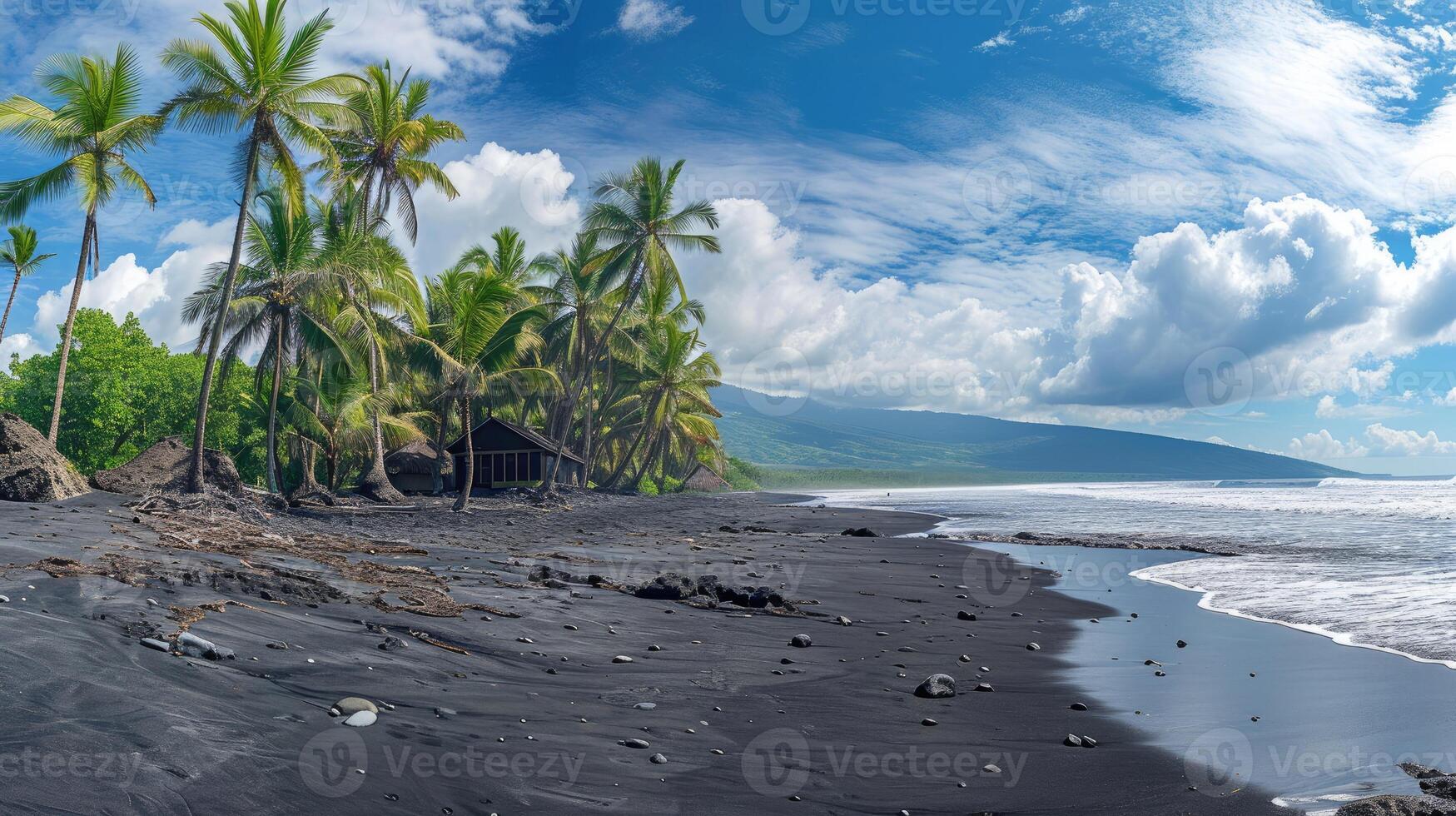 ai generato panorama di un' tropicale nero sabbia spiaggia con palma alberi e un' solitario Casa. ai generato. foto