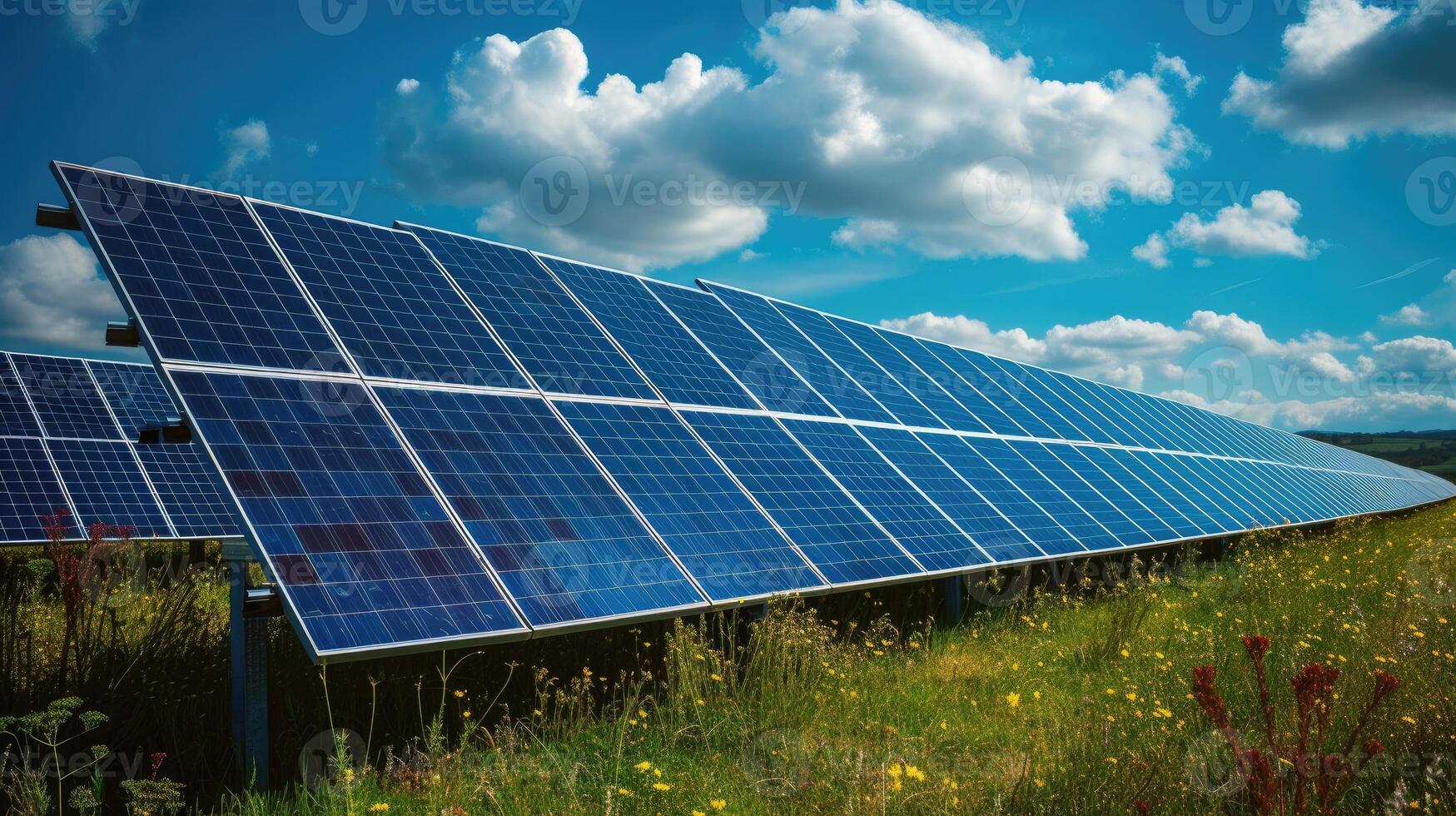 ai generato raccogliere sostenibile energia con solare cellule nel un' vivace solare azienda agricola, ai generato. foto