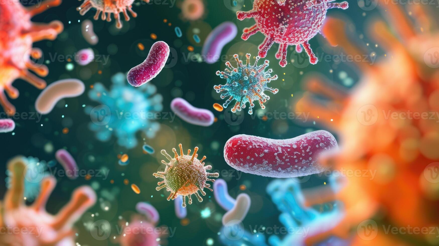 ai generato macro tiro rivela diverso tipi di microbi, evidenziazione loro intricato strutture. affascinante, ai generato. foto