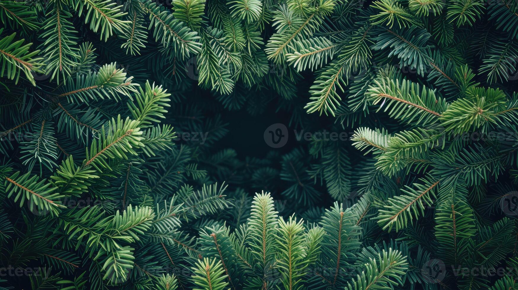 ai generato festivo vacanza sfondo ornato con un' telaio in mezzo lussureggiante sempreverde albero rami, ai generato. foto