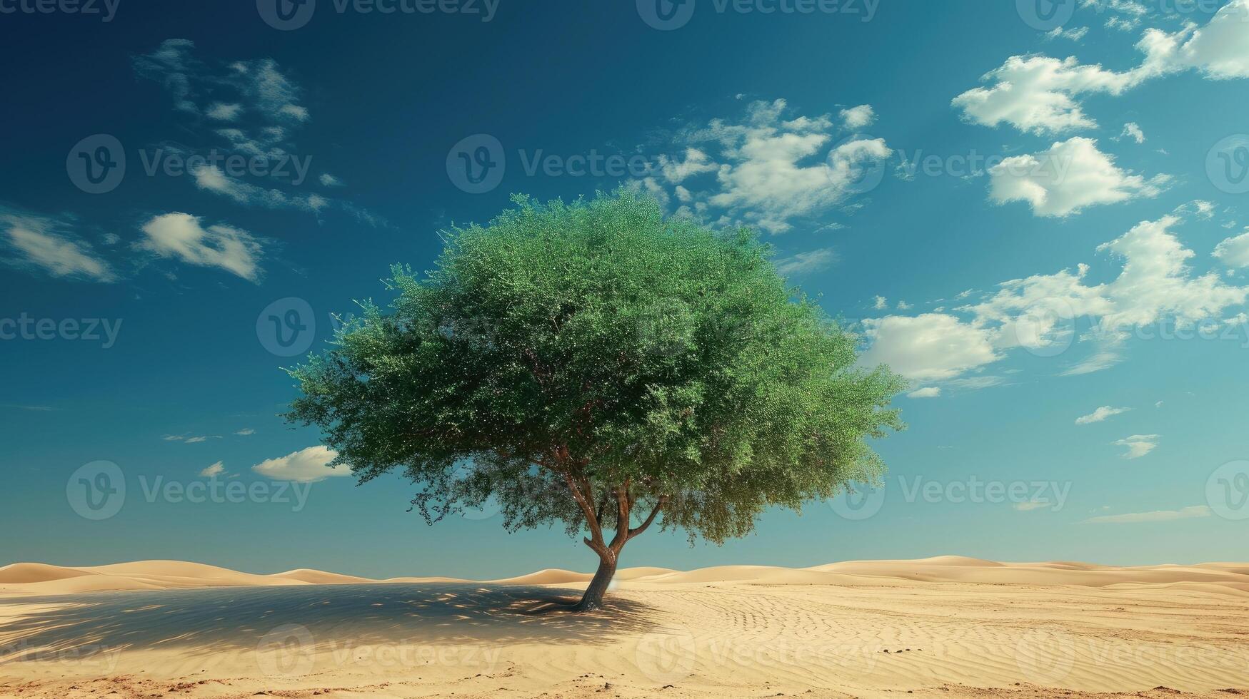 ai generato un' resiliente verde albero sta in mezzo il deserto, un' simbolo di della vita resistenza, ai generato. foto