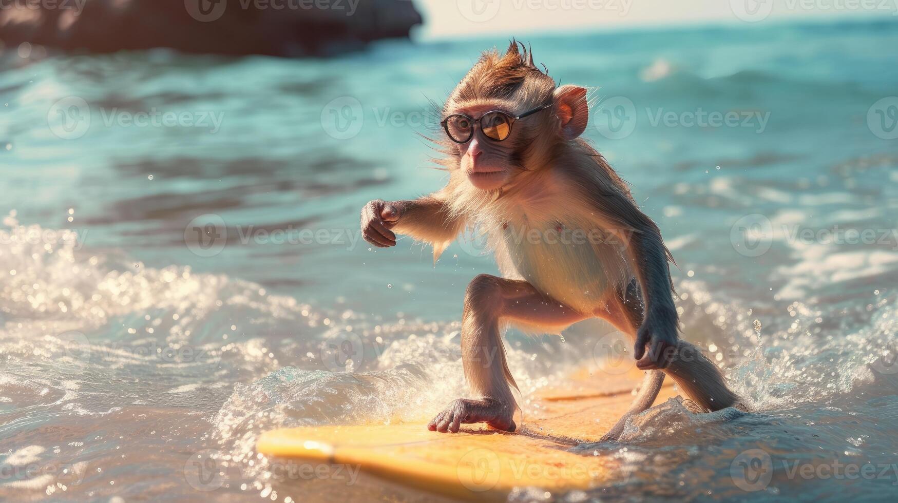 ai generato un' carino scimmia surfer gode un' pieno di divertimento estate giorno a il spiaggia, equitazione onde con entusiasmo, ai generato. foto