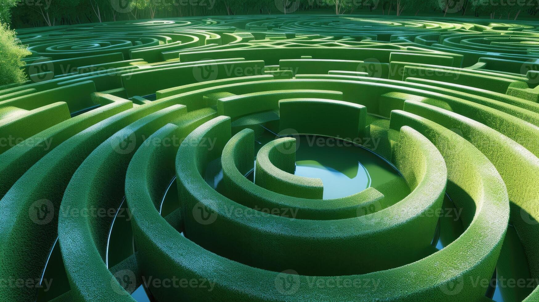 ai generato attraversare attraverso un' vivace verde labirinto principale per un' circolare centro, ai generato. foto