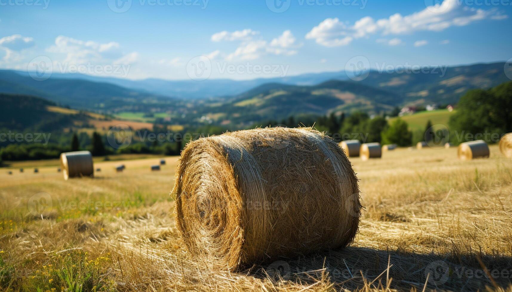 ai generato rurale scena mucchi di fieno nel prato, d'oro Grano, blu cielo generato di ai foto