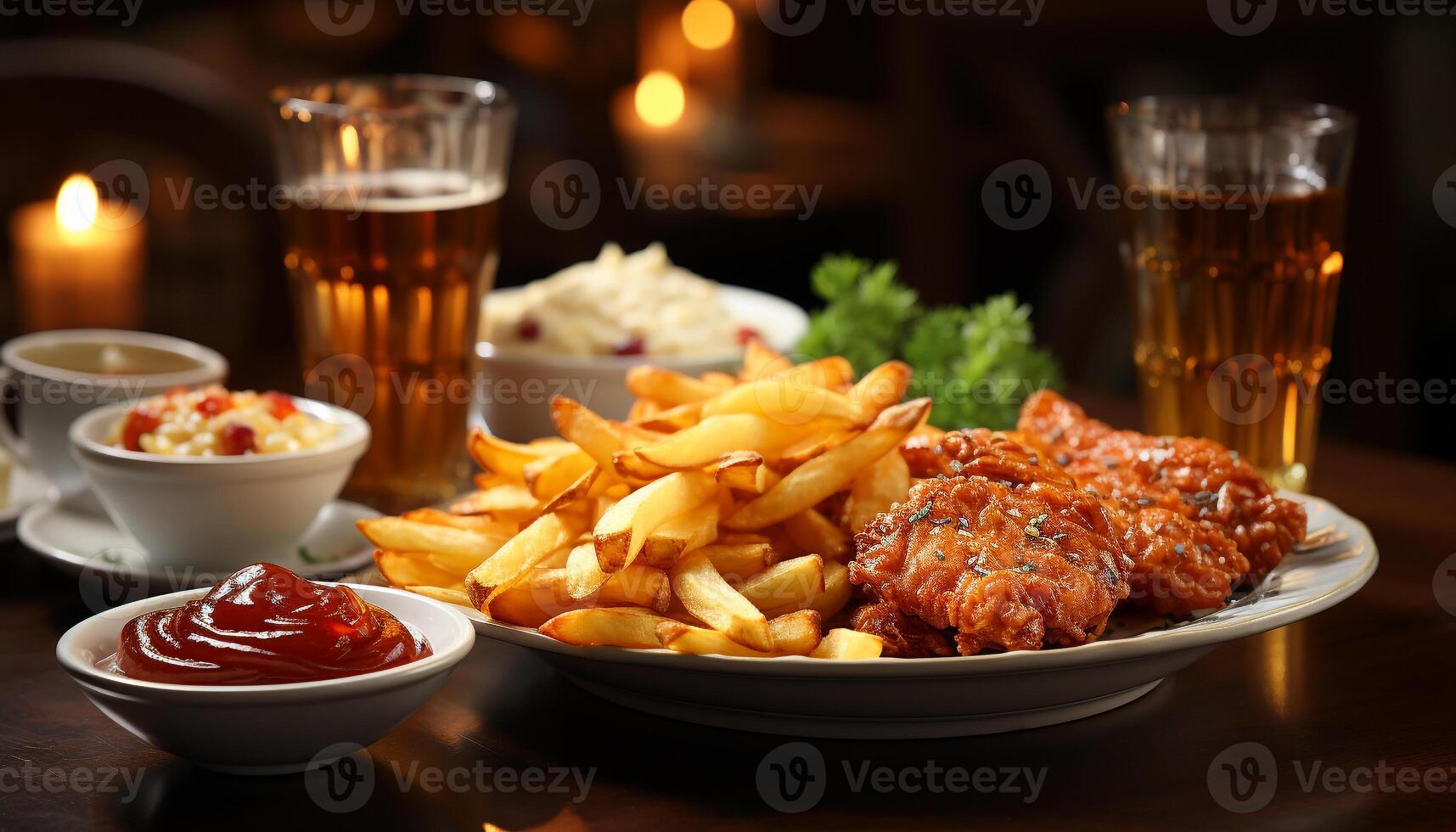 ai generato appena grigliato carne e patatine fritte, accoppiato con ghiaccio freddo birra generato di ai foto