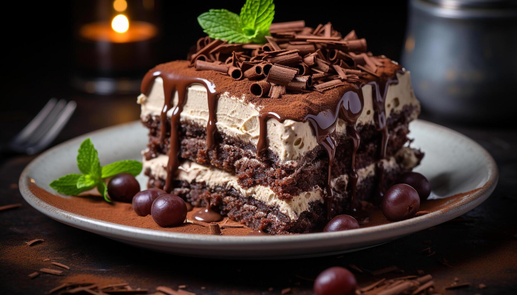 ai generato appena al forno cioccolato torta con cremoso mascarpone formaggio e frustato crema generato di ai foto