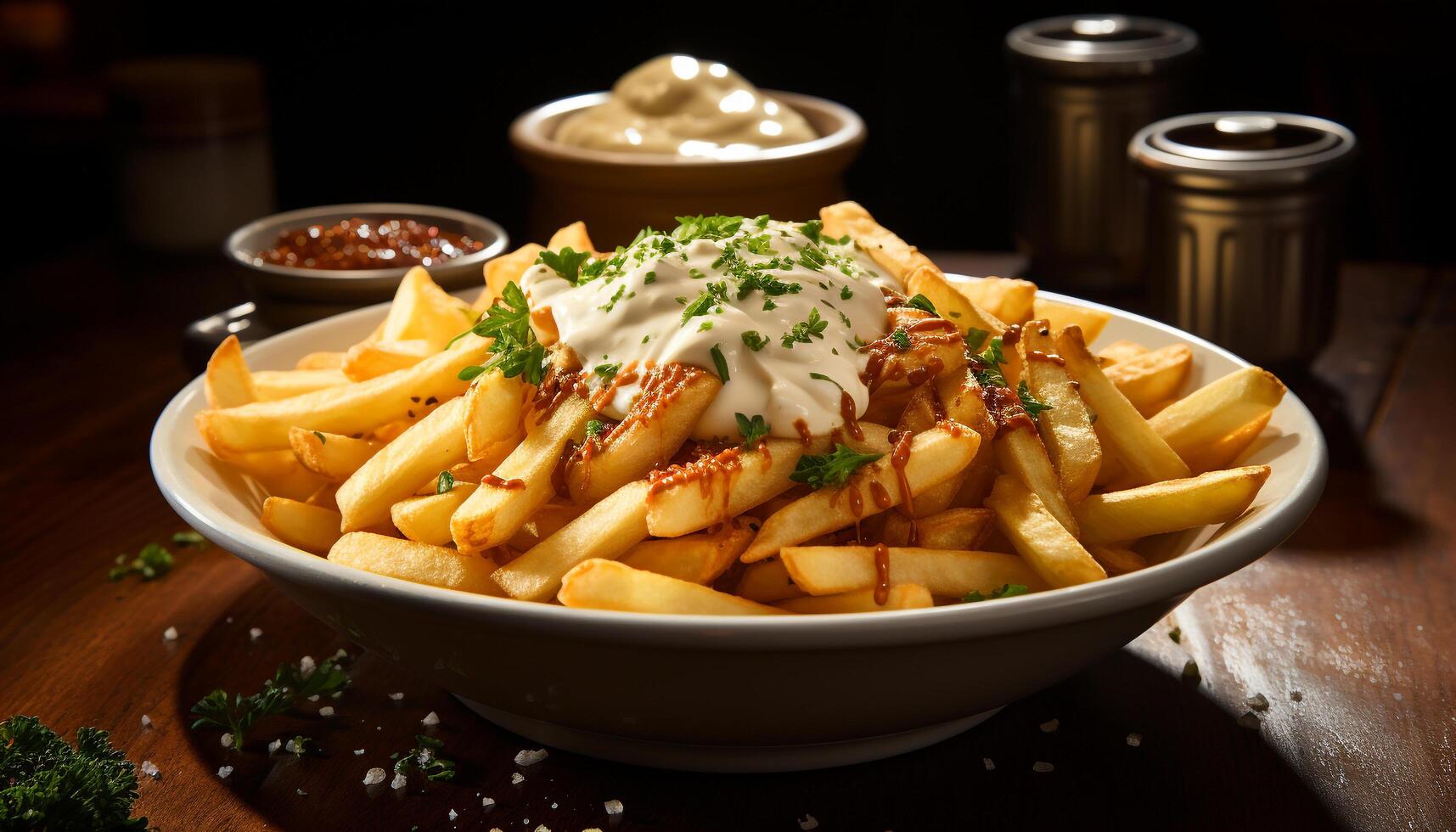 ai generato vicino su di buongustaio francese patatine fritte, un' salato e malsano merenda generato di ai foto