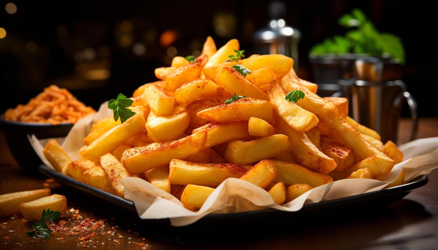 ai generato appena preparato buongustaio pasto in profondità fritte francese patatine fritte, croccante e malsano generato di ai foto