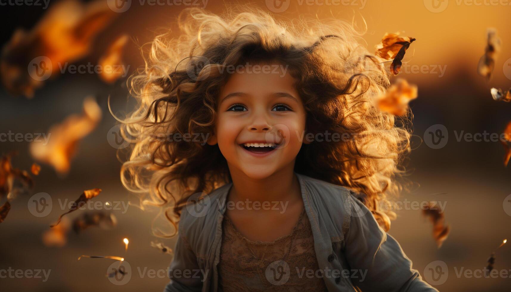 ai generato sorridente bambino giocando all'aperto, godendo autunno natura con spensierato felicità generato di ai foto