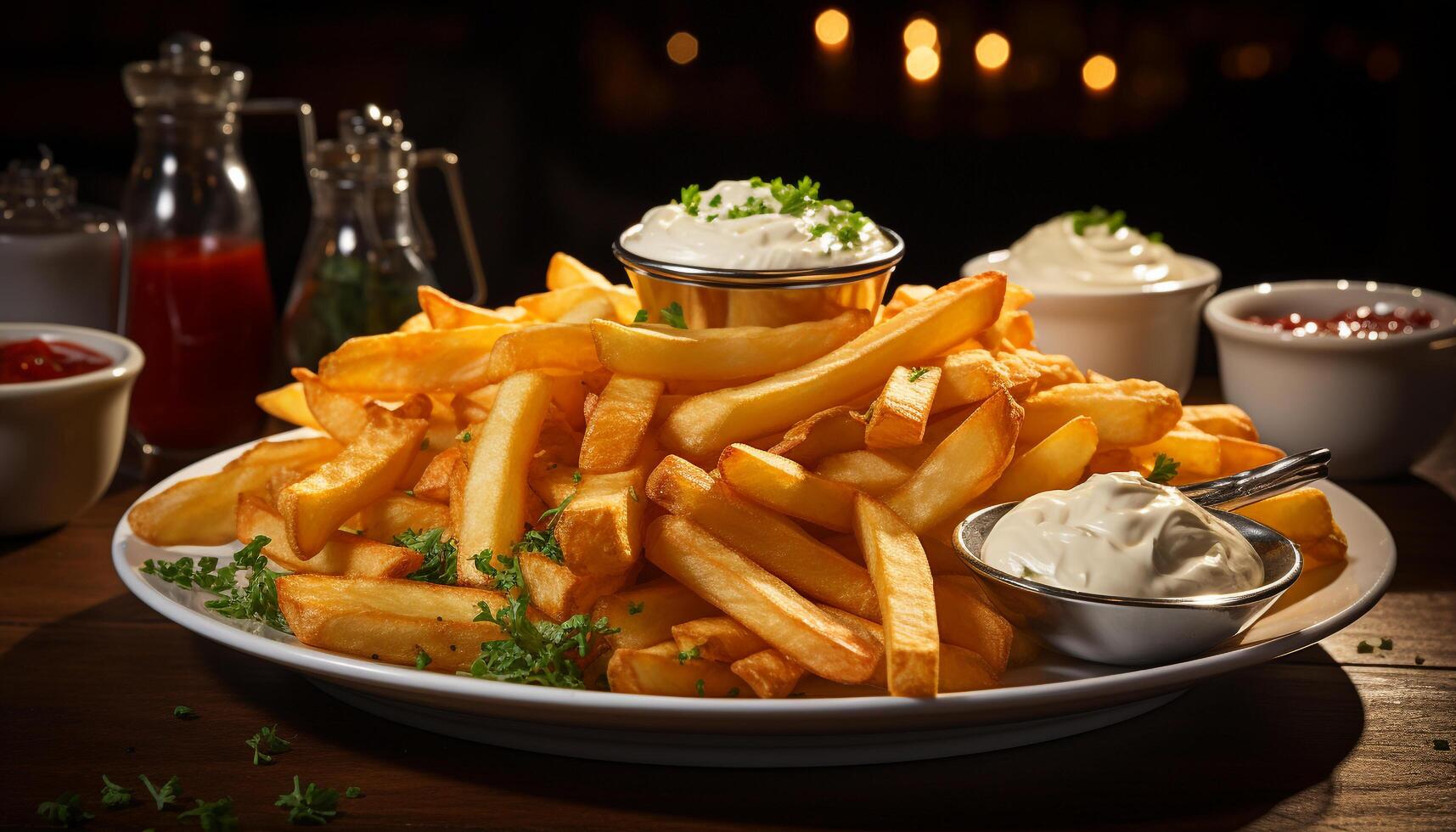 ai generato appena fritte francese patatine fritte su un' di legno piatto, servito con ketchup generato di ai foto