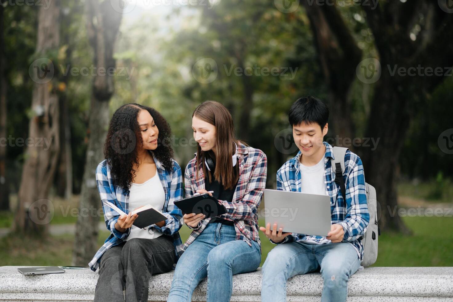 studenti siamo studiando il città universitaria parco. giovane persone siamo la spesa tempo insieme. lettura prenotare, Lavorando con computer portatile, tavoletta e comunicare mentre foto