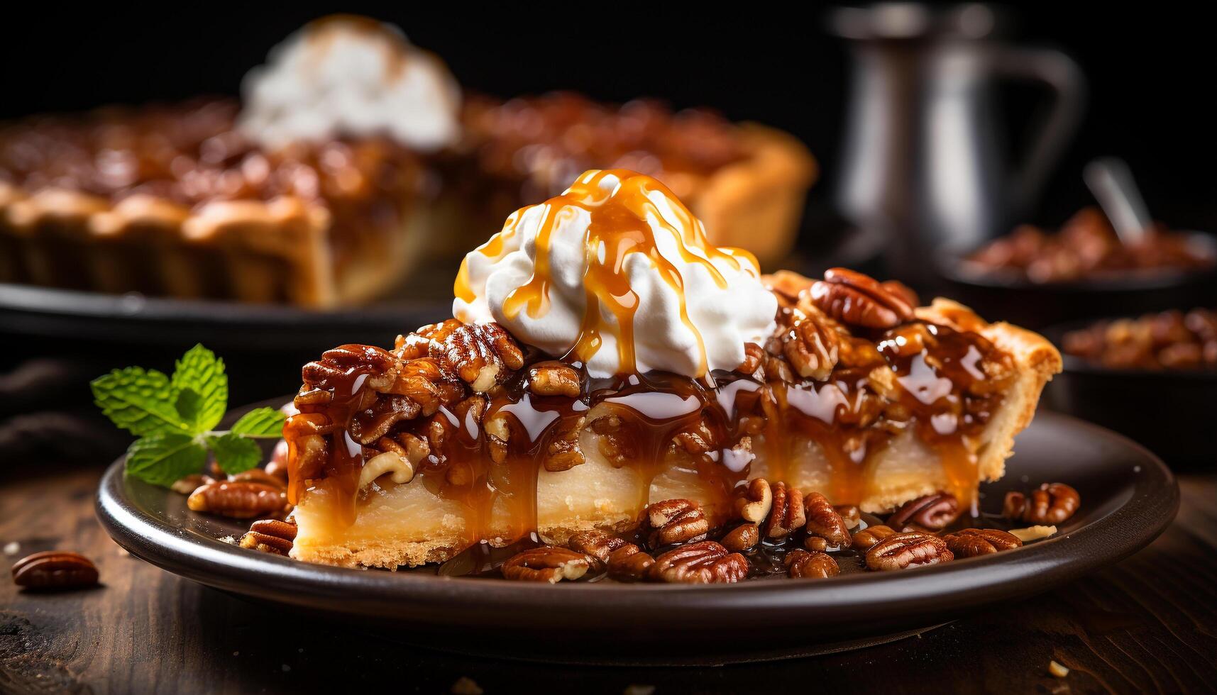 ai generato indulgente fatti in casa dolce dolce torta, cioccolato, frustato crema, caramello generato di ai foto