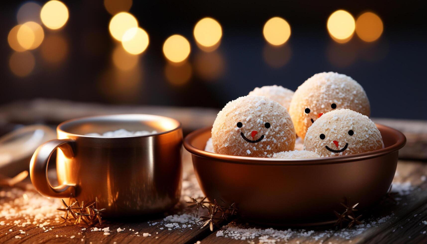 ai generato tavolo decorato con fatti in casa cioccolato biscotti, raggiante candela, e latte generato di ai foto