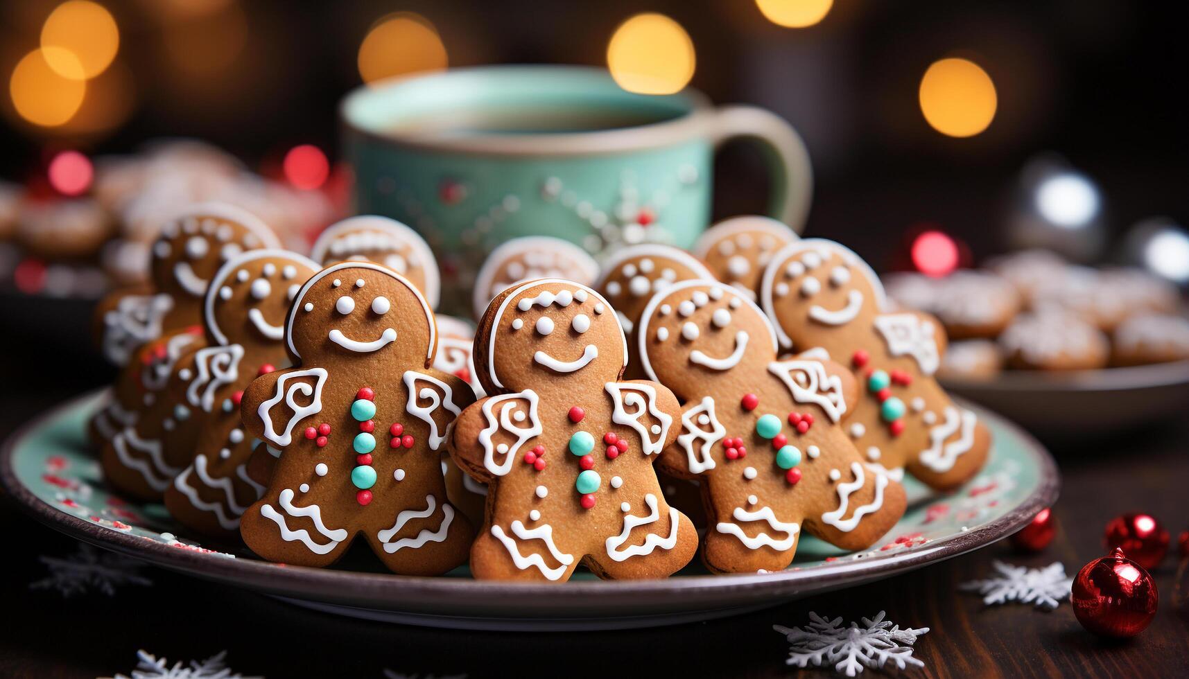 ai generato fatti in casa Pan di zenzero biscotti decorare il tavolo, portando inverno rallegrare generato di ai foto