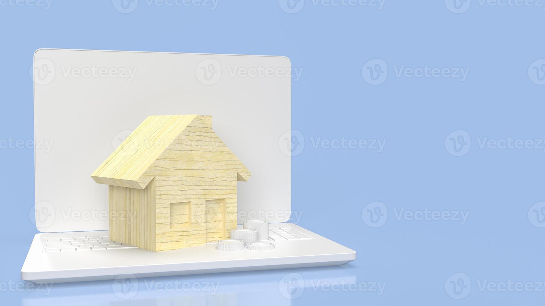 il legna Casa su il computer portatile per proprietà o vero tenuta concetto 3d resa. foto