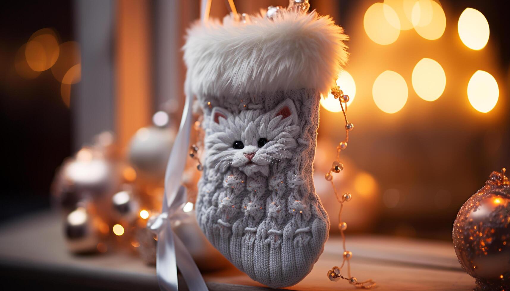 ai generato carino gattino guardare a raggiante Natale albero, festeggiare inverno stagione generato di ai foto