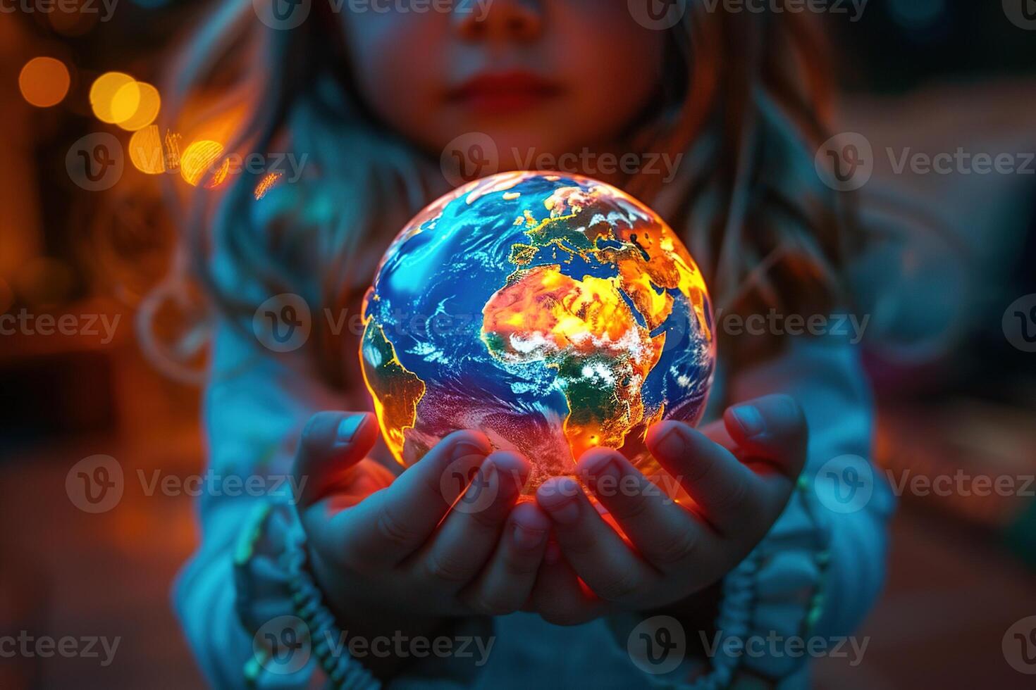 ai generato bicchiere terra sfera si illumina con luminosa arancia leggero nel il mani di un' poco ragazza su un' sfocato sfondo foto