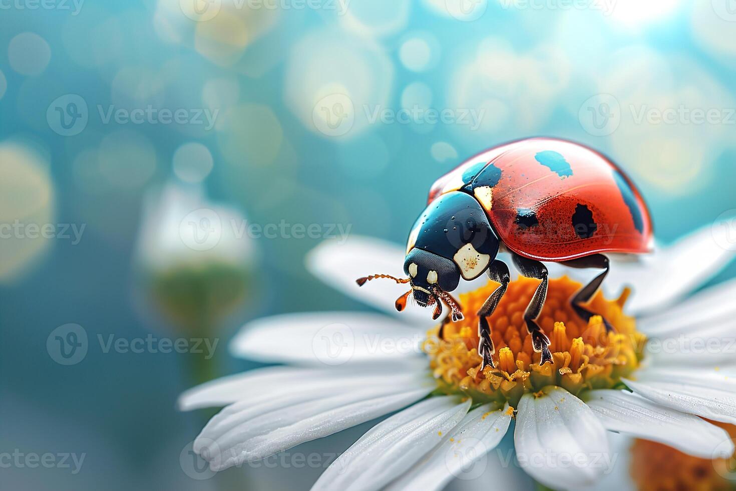 ai generato macro coccinella si siede su un' margherita fiore con sfocato bokeh sfondo foto