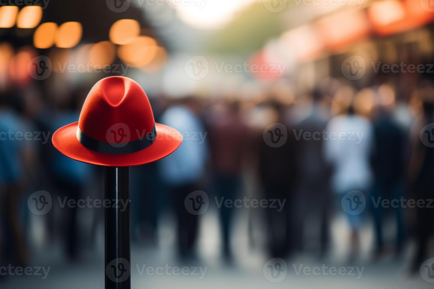 ai generato rosso cappello si apre su palo, un' spicca nel vivace folla foto