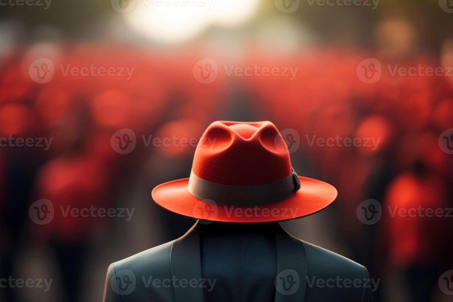 ai generato vivido rosso cappello comandi Attenzione in mezzo nebbioso folla fondale foto