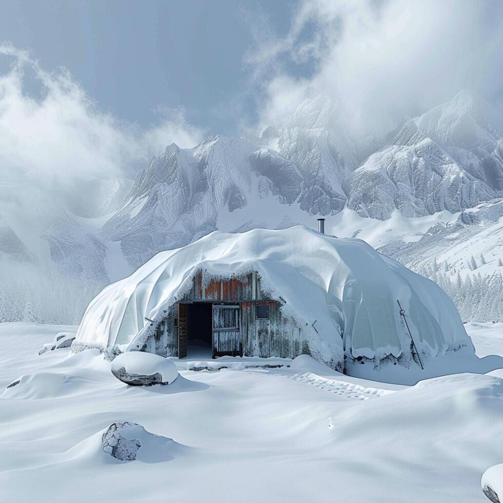 ai generato inverno rifugio neve coperto alpino emergenza riparo con testo spazio per sociale media inviare dimensione foto