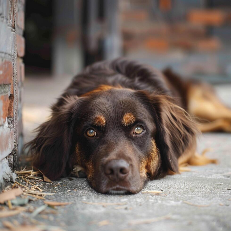 ai generato buio Marrone, lungo dai capelli cane salotti su il accogliente calcestruzzo Casa pavimento per sociale media inviare dimensione foto