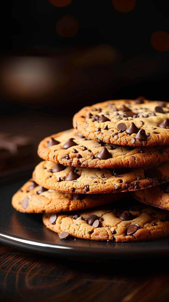 ai generato indulgente trattare delizioso cioccolato patata fritta biscotti contro buio fondale verticale mobile sfondo foto