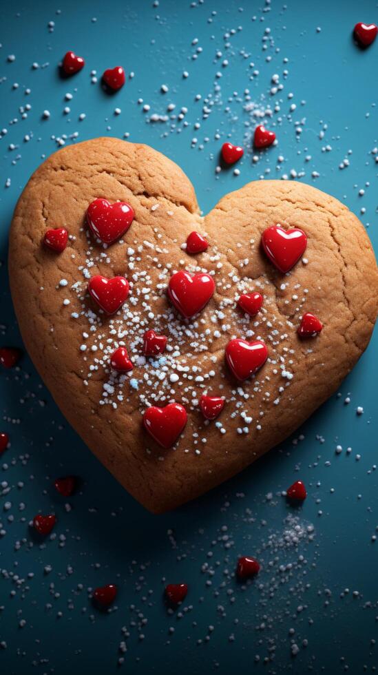 ai generato al forno affetto cuore sagomato biscotto con rosso cuore su blu fondale verticale mobile sfondo foto