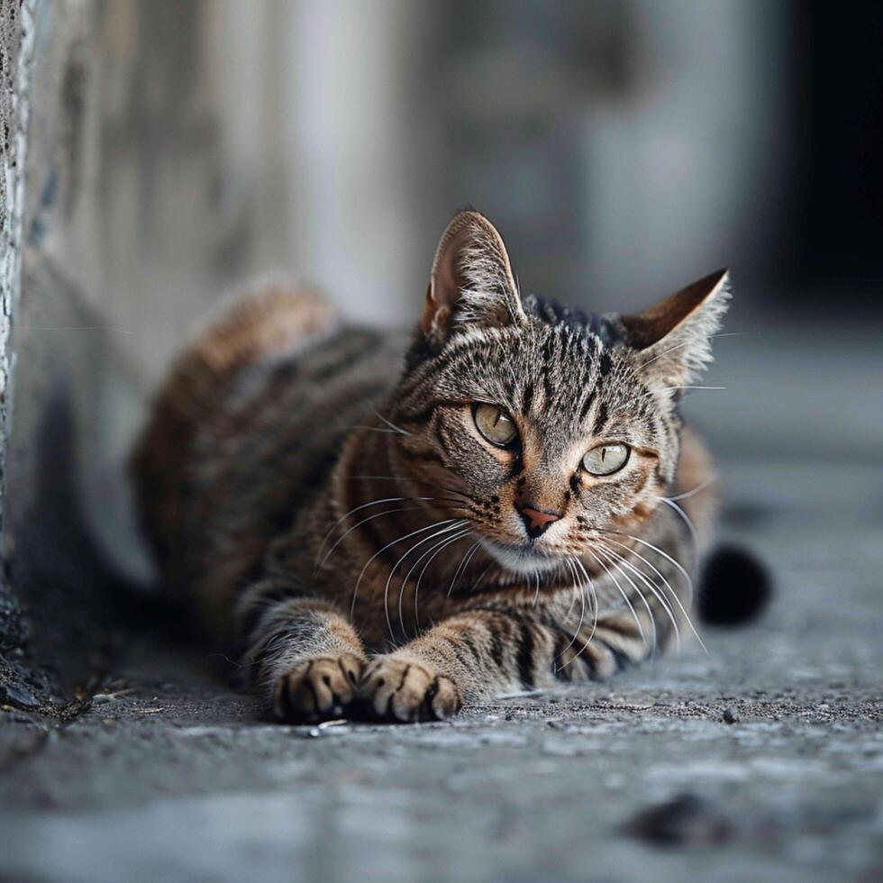 ai generato solitario gatto su un' silenzioso cemento pavimento, isolato ancora sereno per sociale media inviare dimensione foto