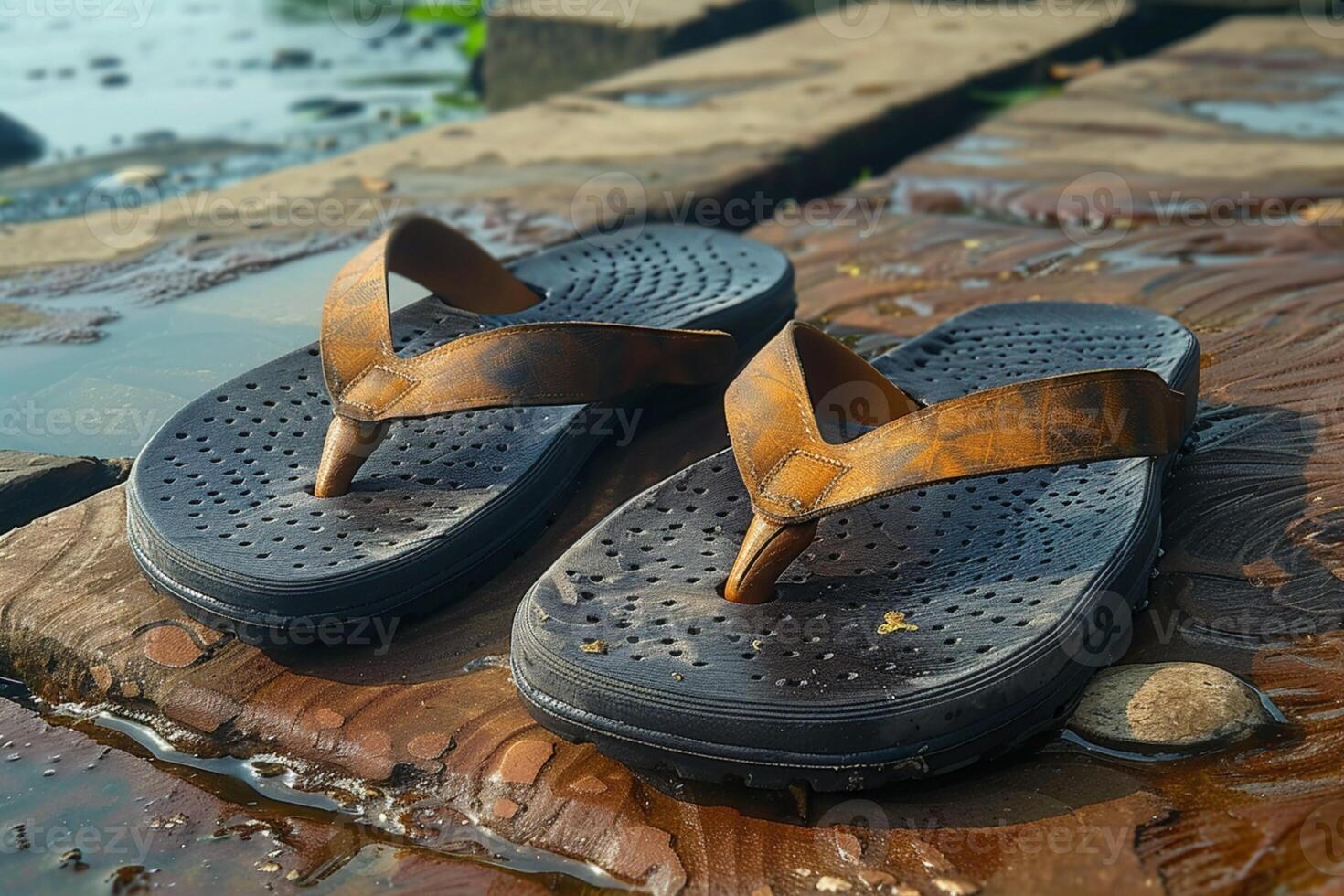 ai generato complementare articolo immagine con elegante e confortevole Marrone Flip flop foto