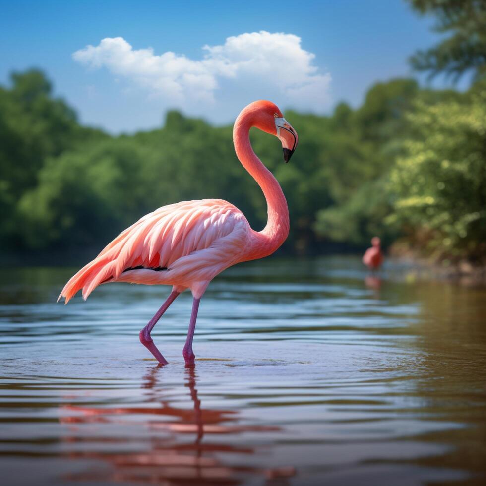 ai generato grazioso eleganza rosa fenicottero nuoto su un' sereno lago per sociale media inviare dimensione foto