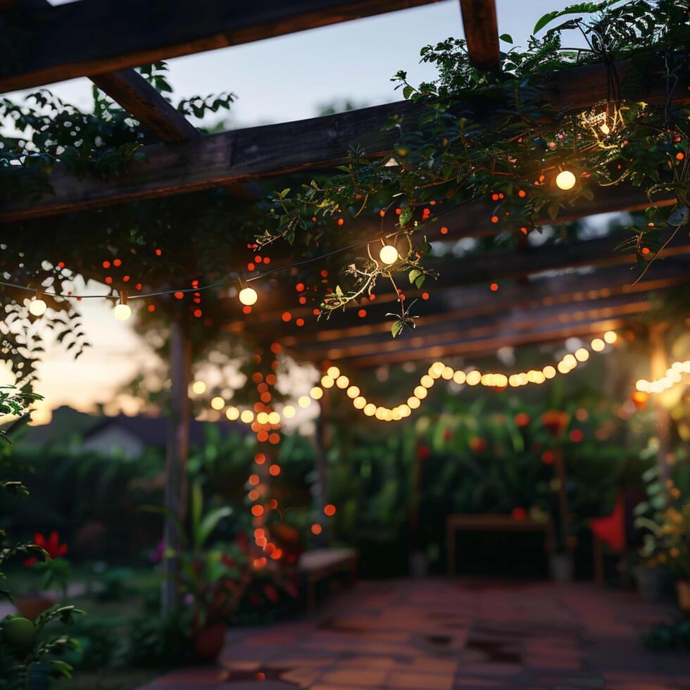 ai generato sera giardino ambiance con dolcemente illuminato luci, Perfetto per rilassamento per sociale media inviare dimensione foto