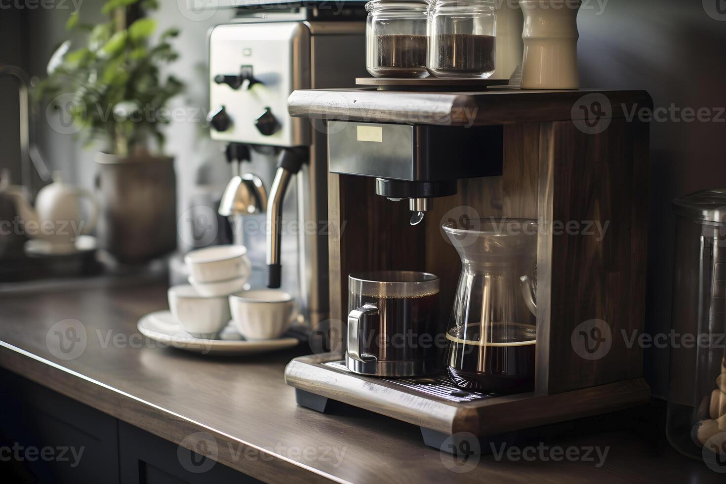 ai generato casa caffè stazione - caffè macchina nel un' leggero cucina. ai generato foto