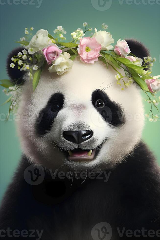 ai generato panda orso indossare fiore corona foto